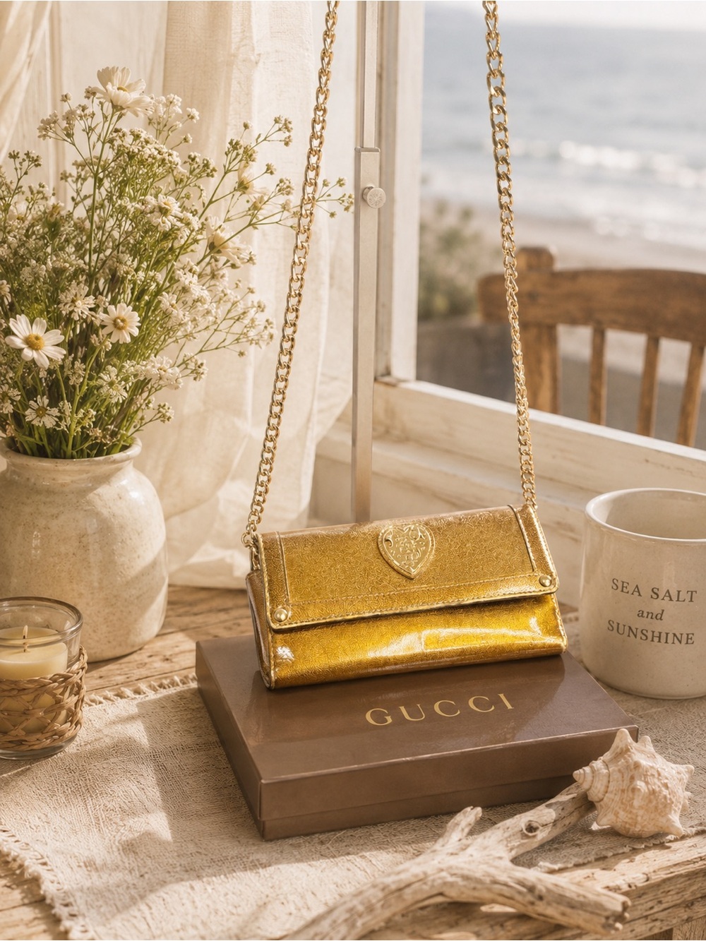 Gucci Women's Gold Wallet vintage Heart shoulder Chain purse bag gift with box
